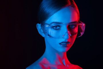 portrait of a girl with blue and pink light, a disco-style portrait, a girl in transparent big glasses, big eyes and smooth skin, a beautiful portrait, long neck,