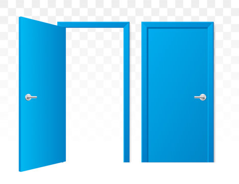 Set of opened and closed blue doors on a transparent background. Vector doors in a front view, isolated on background. Simple and modern shape wooden doors in different positions.