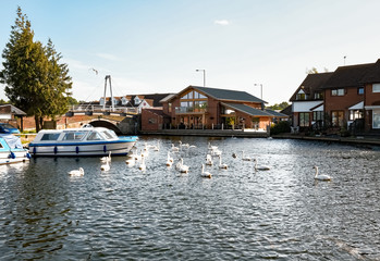 Fototapeta na wymiar A view over the River Bure in the Norfolk village of Hoveton and Wroxham in the heart of the Norfolk Broads