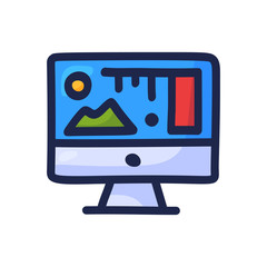 Computer screen in doodle style displaying art, statistics and analytics data in hand drawn sketch style. Unfilled line art.