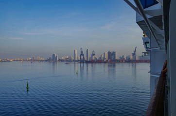 View from cruiseship in port of Cartagena de Colombia onto skyline of modern highrises and...