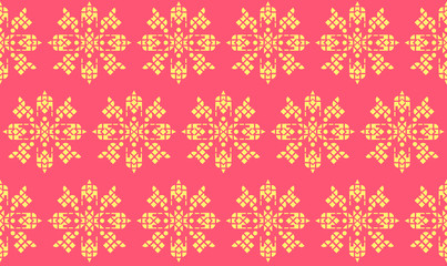 Yellow colored vintage repeating star pattern formed of triangle and square shapes on an orange background