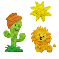 Plasticized little lion, good cactus and the sun. Isolated objects on a white background. Plasticine children's style.
