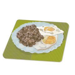 Plate with a serving of fried eggs and buckwheat porridge on a serving napkin