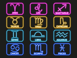 Set neon zodiac signs. Astrology