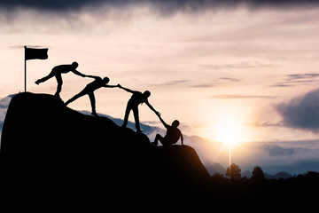 Successful silhouette of teamwork, confident and winner or achievement in business friendship...