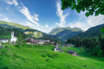Fototapeta na wymiar A panoramic view of the Sauris di Sotto valley, Italy
