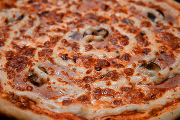 Pizza with mozzarella cheese, salami, tomatoes, pepper, and spices. Italian pizza. Close-up