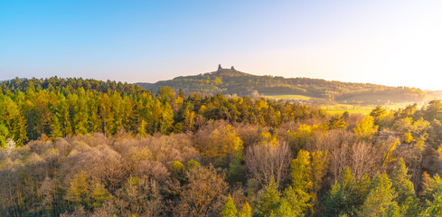 Trosky castle ruins. Two towers of old medieval castle on the hill. Landscape of Bohemian Paradise, Czech: Cesky raj, Czech Republic