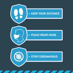 Blues stickers for public area. Sign protection Social distancing. Keep your distance, stop coronavirus and wear mask.