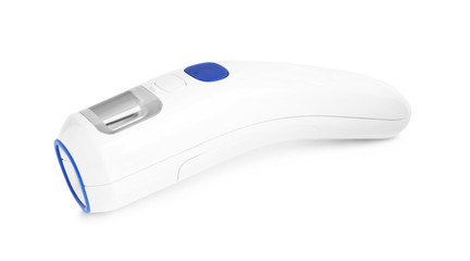 Modern non-contact infrared thermometer on white background