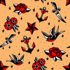 seamless tattoo style pattern with flowers and birds