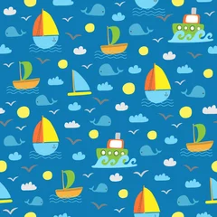 Wall murals Sea waves Cute kids seamless marine pattern with whales and ships