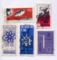  Set of old postage stamps of the Soviet period in Poland. 1960
