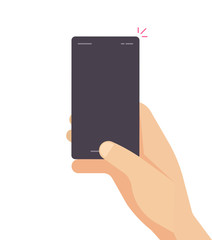 Cellular phone in hand or person using mobile smartphone with blank empty screen vector flat cartoon illustration isolated on white, man holding or showing cellphone modern design image