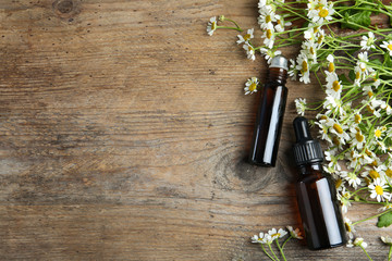 Bottles of essential oil and fresh chamomiles on wooden table, flat lay. Space for text