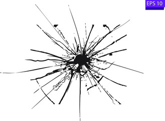 Broken glass, cracks, bullet marks on glass. High resolution. Texture glass with black hole.