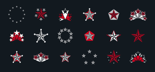 Fototapeta na wymiar Stars vintage heraldic emblems vector big set, antique heraldry symbolic badges and awards collection with pentagonal stars, classic style design elements, family emblems.