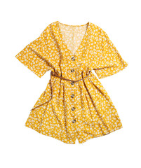 Short yellow dress with belt isolated on white, top view
