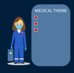 a female ambulance doctor in uniform with a briefcase and a receipt. The concept of medical first aid. Doctor's recommendation. Vector illustration