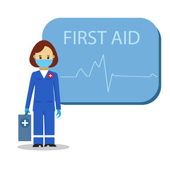 An ambulance doctor on the background of a tableau with a cardiogram. Medical concept. Vector