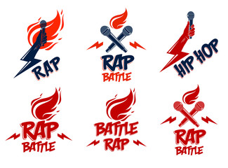 Rap music vector logos or emblems set with microphone in hand flames and lightning bolt, hot Hip Hop rhymes festival concert or night club party labels, t-shirt prints.