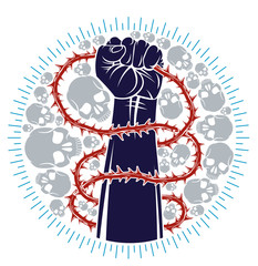 Slavery theme illustration with strong hand clenched fist fighting for freedom against blackthorn thorn, vector logo or tattoo, through the thorns to the stars concept.
