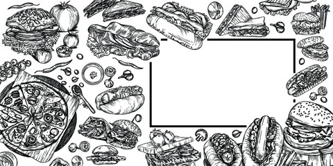 vector illustration of a line of different burgers and sandwiches