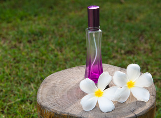 A spray bottle with beautiful flowers on a wooden floor in the green lawn.