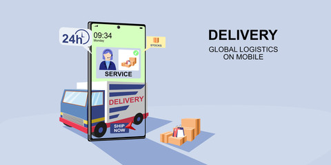 Fototapeta na wymiar Online delivery global logistics concept. Delivery home and office. City logistics. Warehouse, Truck, Delivery application, Delivery service on mobile. Flat style vector illustration