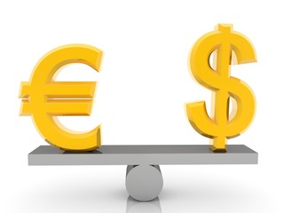 Gold dollar and euro signs on an equilibrium swing