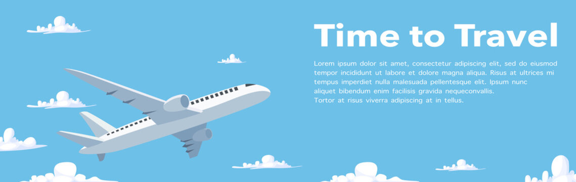 Vector and illustration of airplane traveling in sky air, aircraft flight in the blue sky and clouds in flat cartoon style. time to travel concept.