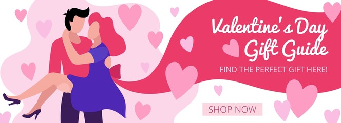 Valentines day banner gift guide with lovers vector illustration. Find the perfect gift here online shopping ad template with shop now button flat style. Love and Feast of Saint Valentine concept