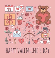 Happy valentines day greeting card with gifts vector illustration. Symbols of love holiday teddy bear, cakes, hearts, wine glasses flat style design. Feast of Saint Valentine concept. Isolated on pink