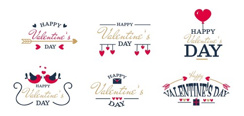Happy valentines day romantic labels set vector illustration. Beautiful handwritten greeting lettering flat style. Cute heart decoration. Calligraphy and love concept. Isolated on white background