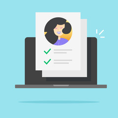 Personal identity paper form check list document online on laptop computer or pc with customer profile info icon flat cartoon vector illustration, concept of employment or requirement icon design