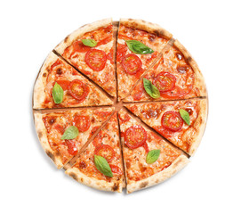 Delicious hot pizza Margherita isolated on white, top view