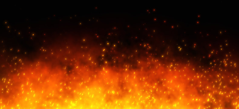 Fire embers particles over black black background. Fire sparks background. Abstract dark glitter fire particles lights.	
