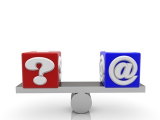 The concept of balance between a question mark and an AT symbol