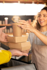 Hand of young waitress in apron holding two carton containers with food