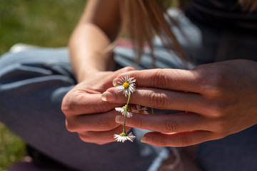 Young woman making daisy chains on the grass close up.