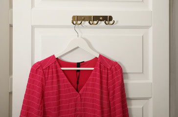 Hanger with beautiful blouse on white door