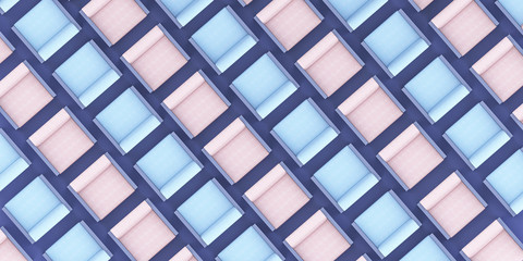 Seamless 3D pattern of chairs white blue and pink colors, 
ideal for background "3D illustration"