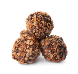 Delicious chocolate candies with waffle crumbles isolated on white