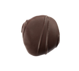 Delicious dark chocolate candy isolated on white, top view