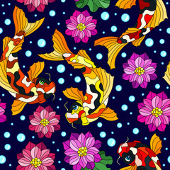 Fototapeta premium Seamless pattern with colorful koi carp fishes, Lotus flowers and bubbles on a dark blue background