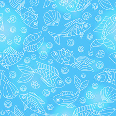 Seamless pattern on a marine theme with fish and shells, light contour fishes on a blue background