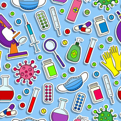 Seamless pattern on the theme of medicine and diseases, medical equipment and viruses, colored stickers icons on a blue background