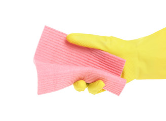 Person in rubber glove with rag on white background, closeup of hand