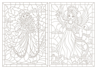 Fototapeta na wymiar Set of contour illustrations of stained glass Windows on the theme of winter holidays, Santa Claus and angel girl, dark outlines on a white background